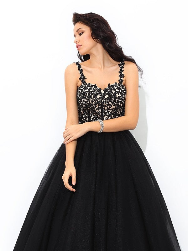 Ball Gown Straps Applique Sleeveless Long Net Quinceanera Dresses