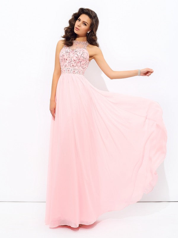 A-line/Princess Jewel Beading Sleeveless Long Chiffon Party Dresses Formal Dresses