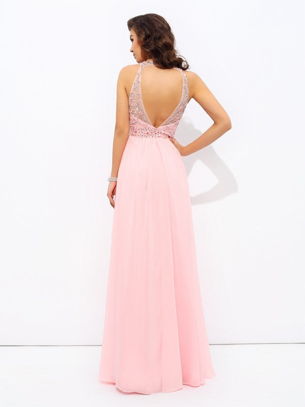 A-line/Princess Jewel Beading Sleeveless Long Chiffon Party Dresses Formal Dresses