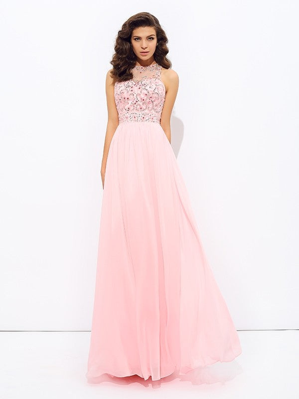 A-line/Princess Jewel Beading Sleeveless Long Chiffon Party Dresses Formal Dresses