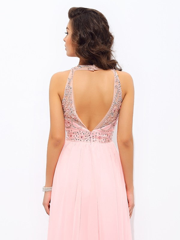 A-line/Princess Jewel Beading Sleeveless Long Chiffon Party Dresses Formal Dresses