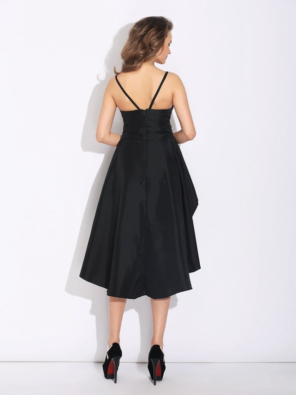 A-Line/Princess Spaghetti Straps Ruffles Sleeveless High Low Taffeta Dresses