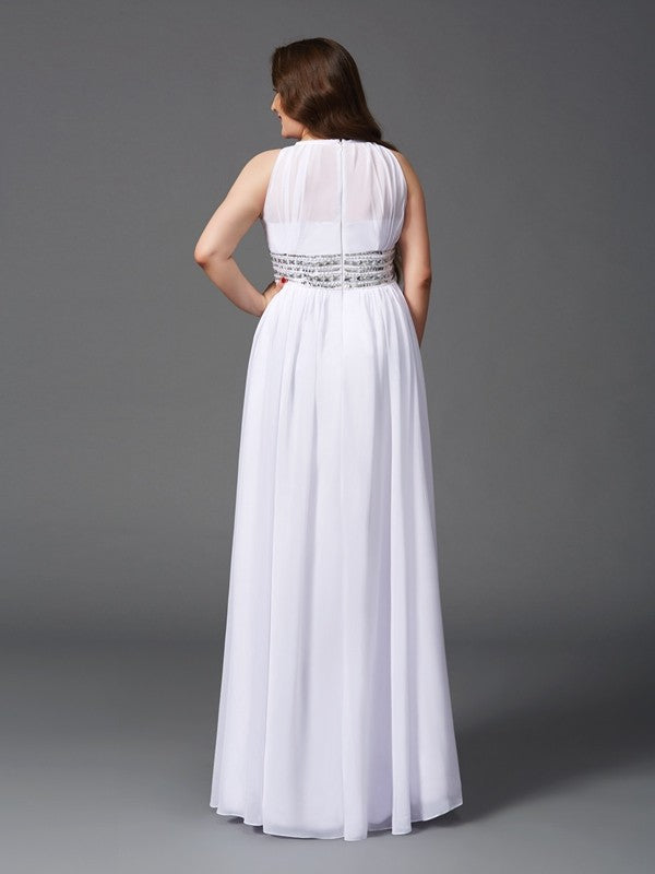 A-Line/Princess Jewel Beading Sleeveless Long Chiffon Plus Size Dresses