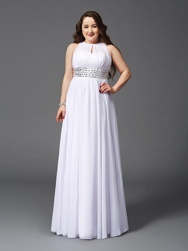 A-Line/Princess Jewel Beading Sleeveless Long Chiffon Plus Size Dresses