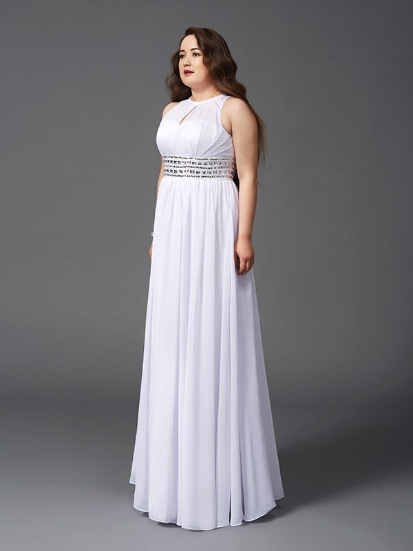 A-Line/Princess Jewel Beading Sleeveless Long Chiffon Plus Size Dresses