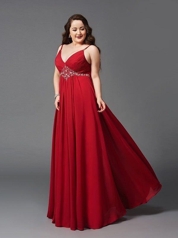 A-Line/Princess Spaghetti Straps Beading Sleeveless Long Chiffon Plus Size Dresses