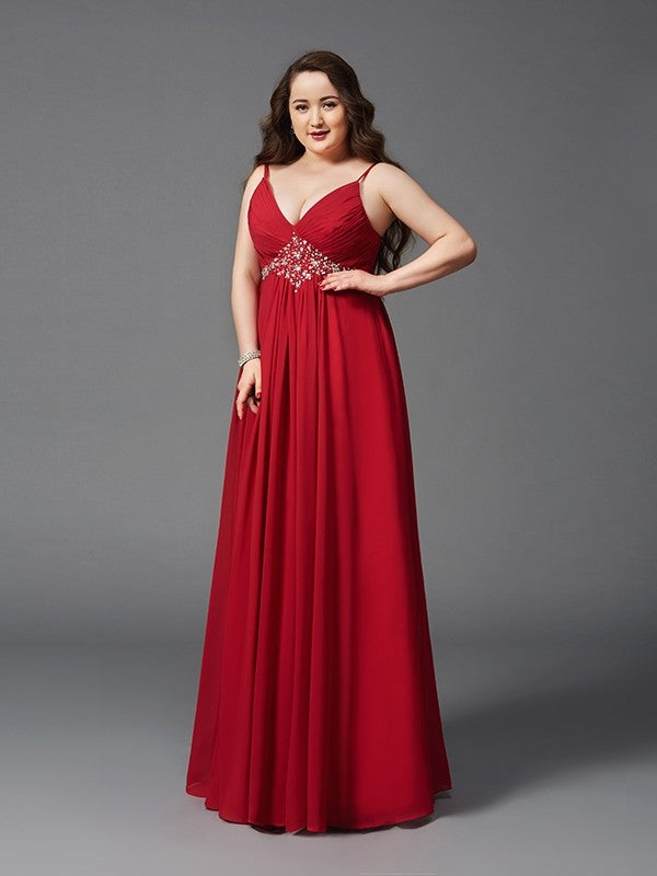 A-Line/Princess Spaghetti Straps Beading Sleeveless Long Chiffon Plus Size Dresses