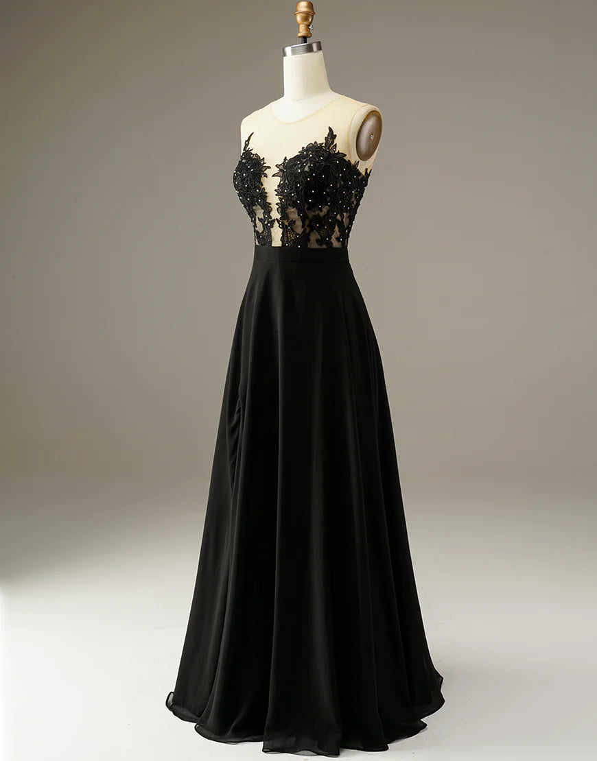 A-line Strapless Black Split Long Prom Dress with Appliques Beading