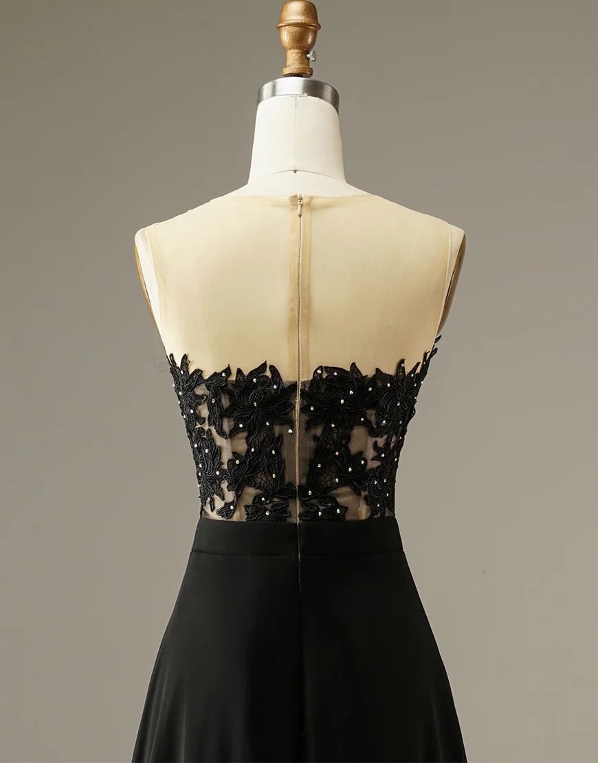 A-line Strapless Black Split Long Prom Dress with Appliques Beading