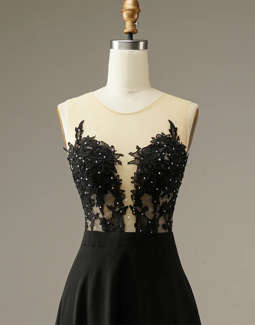 A-line Strapless Black Split Long Prom Dress with Appliques Beading