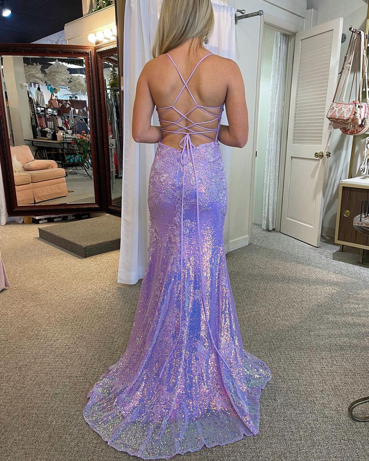 Mermaid V Neck Strapless Lavender Sequins Prom Dresses with Slit