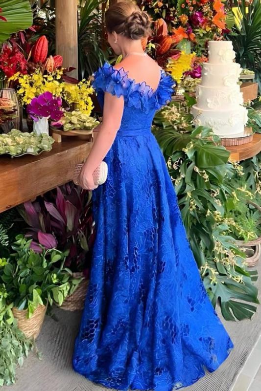 Sheath Off-the-Shoulder Floor Length wedding Guest  Royal Blue Evening Dress Long Mother of The Bride Dress With Floral Lace