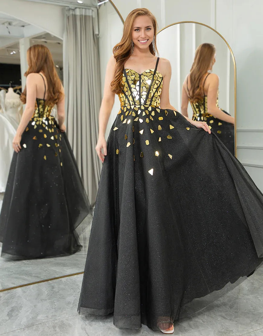 A Line Spaghetti Straps Long Prom Dress With Mirror Sequins