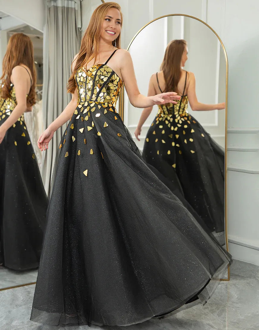 A Line Spaghetti Straps Long Prom Dress With Mirror Sequins