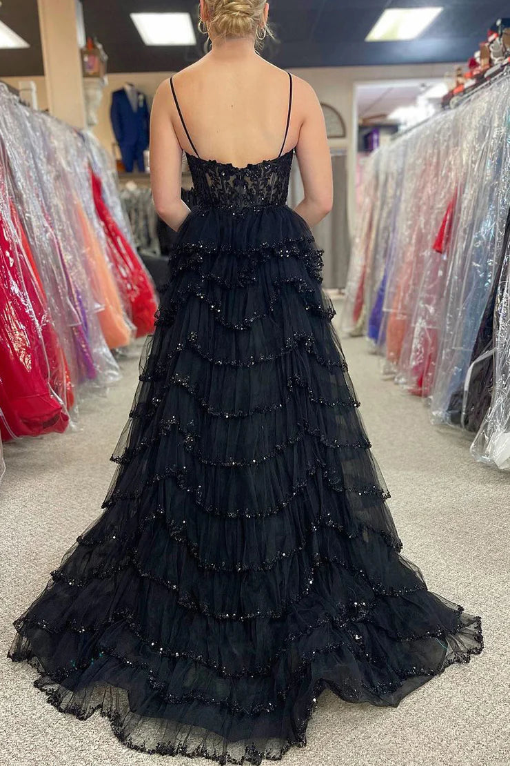 A Line Spaghetti Straps V Neck Black Tulle Tiered Prom Dress with Beading