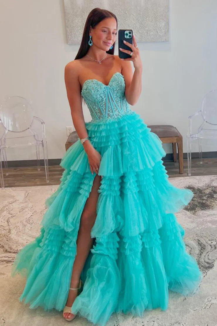 A Line Princess Sweetheart Mint Tulle Tiered Long Prom Dresses with Appliques