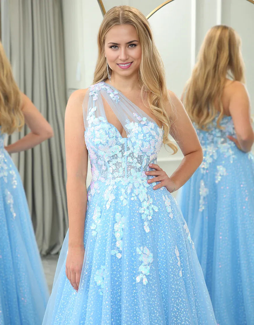 A Line One Shoulder Long Light Blue Prom Dress With Appliques