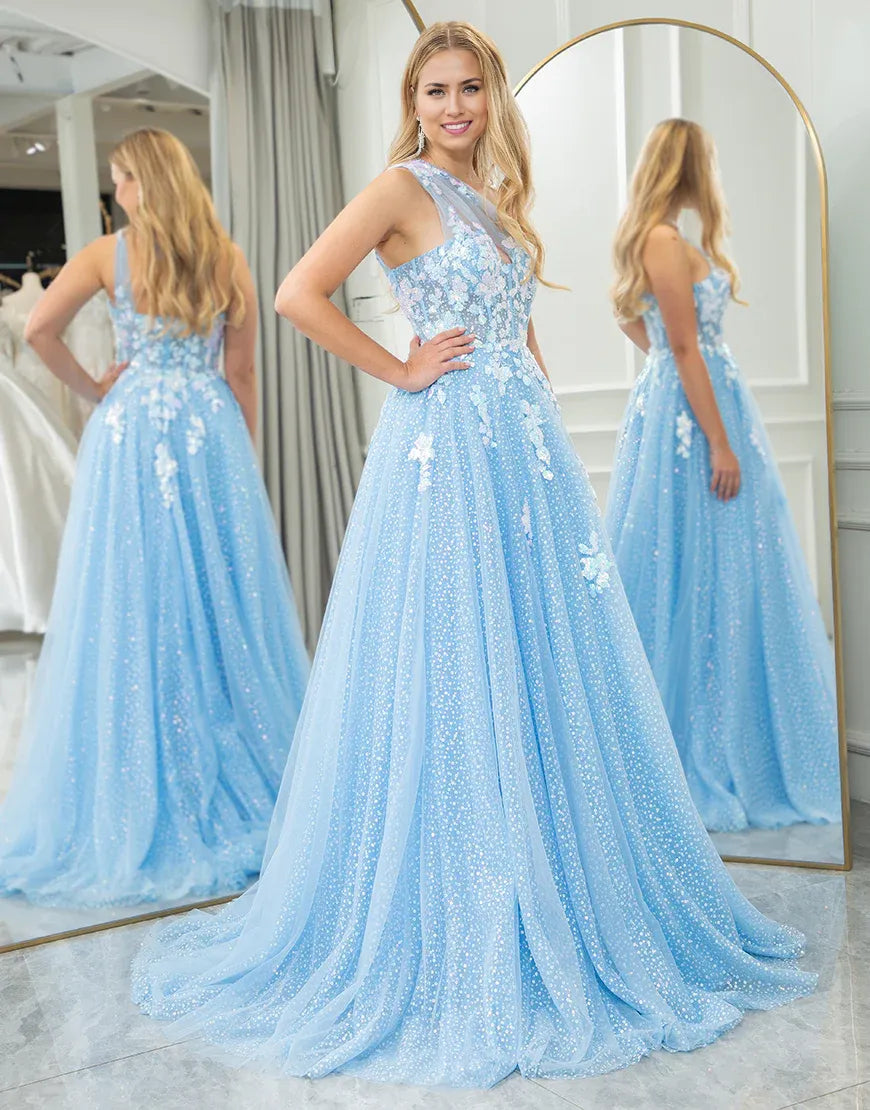 A Line One Shoulder Long Light Blue Prom Dress With Appliques