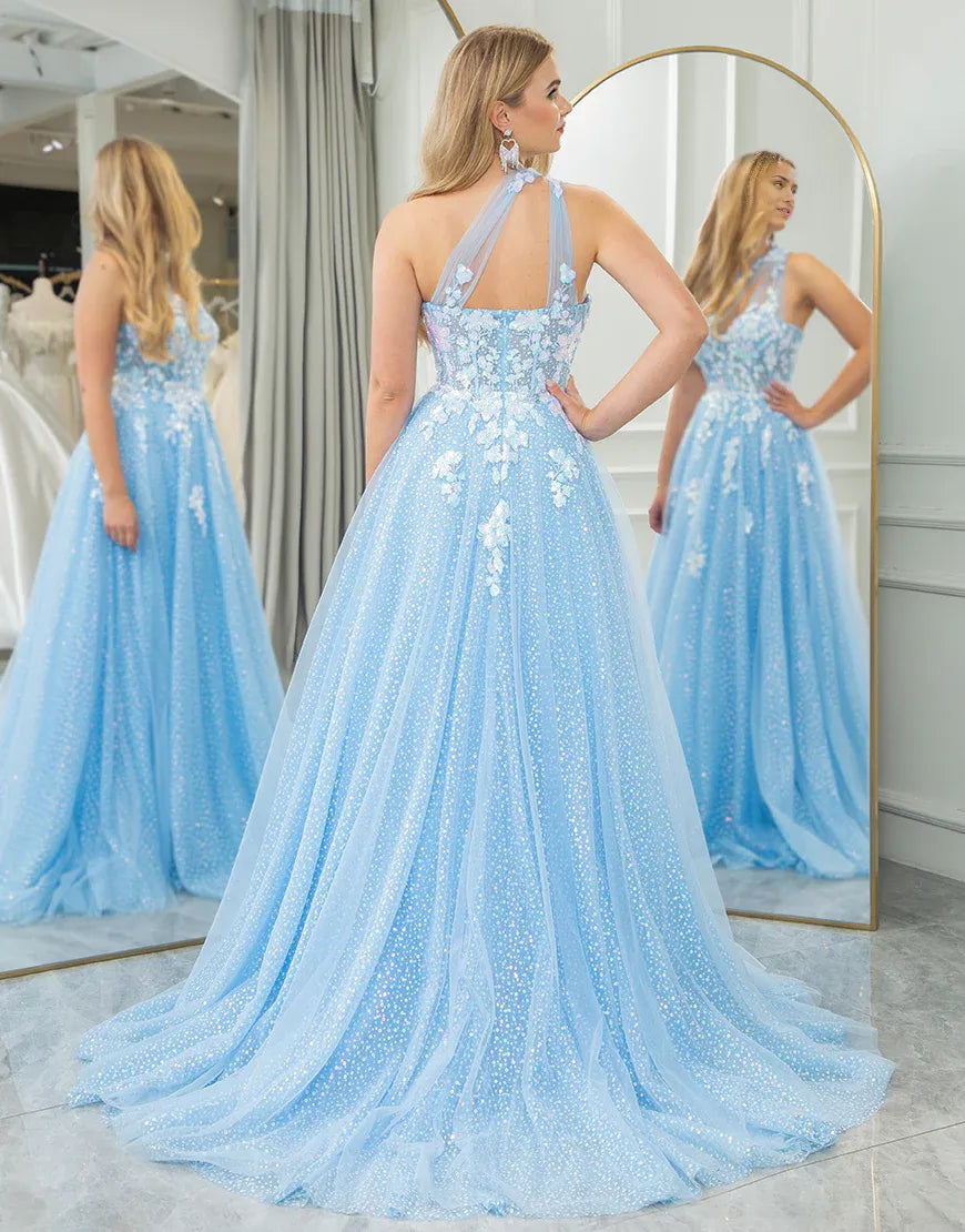 A Line One Shoulder Long Light Blue Prom Dress With Appliques