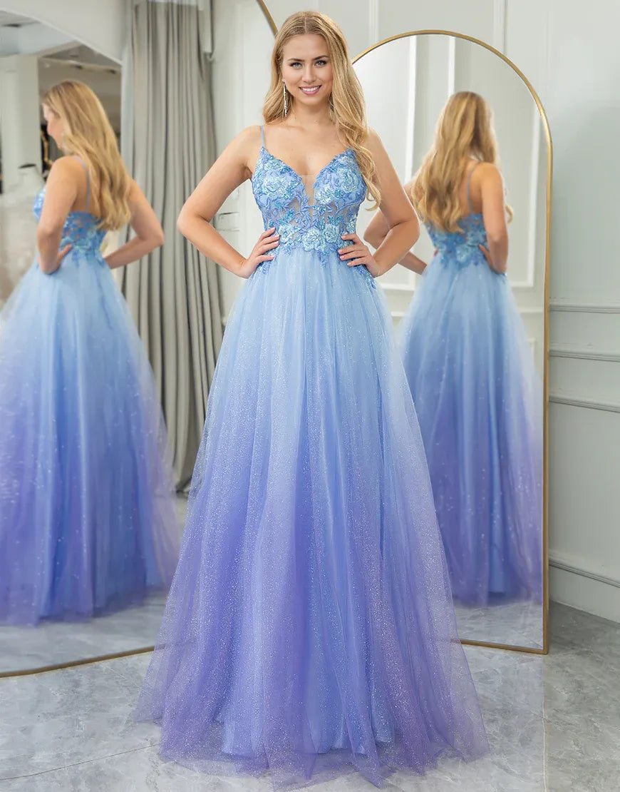 A Line Spaghetti Straps Tulle Long Sparkly Prom Dress With Appliques