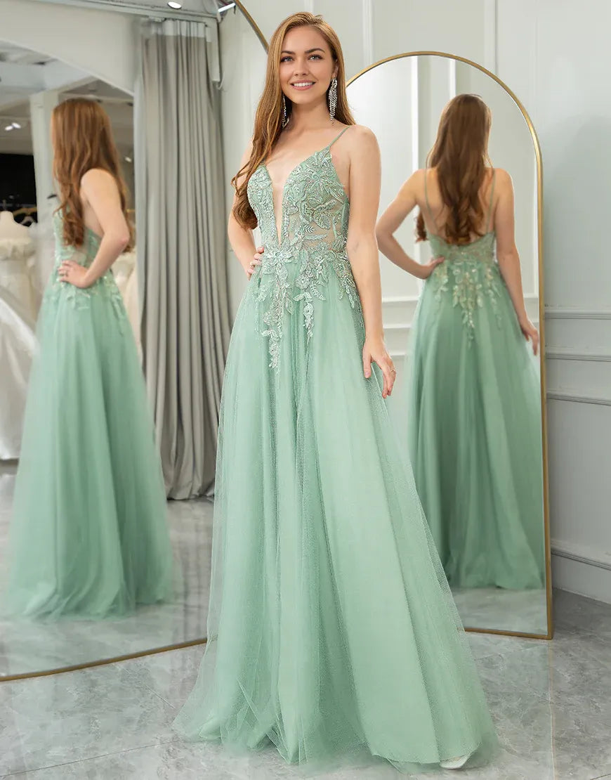 A Line Spaghetti Straps Tulle Long Prom Dress With Appliques