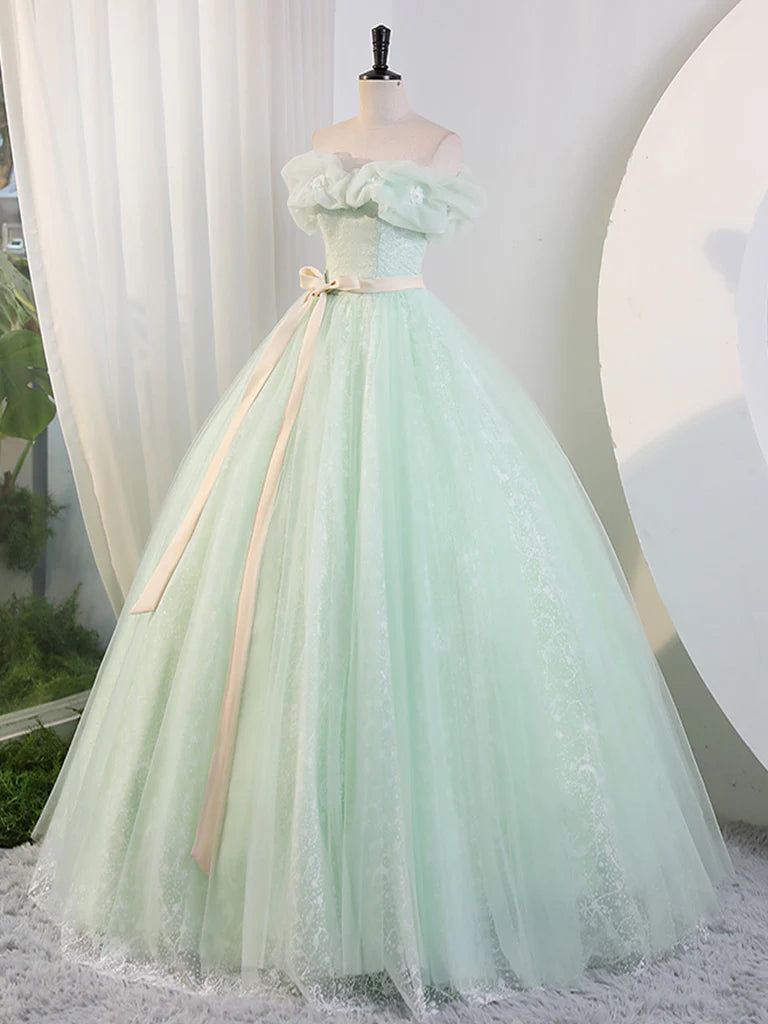 Ball Gown Quinceanera Dresses Princess Dress Green Off Shoulder Tulle Green Long Prom Dress, Green Lace Long Sweet 16 Dress