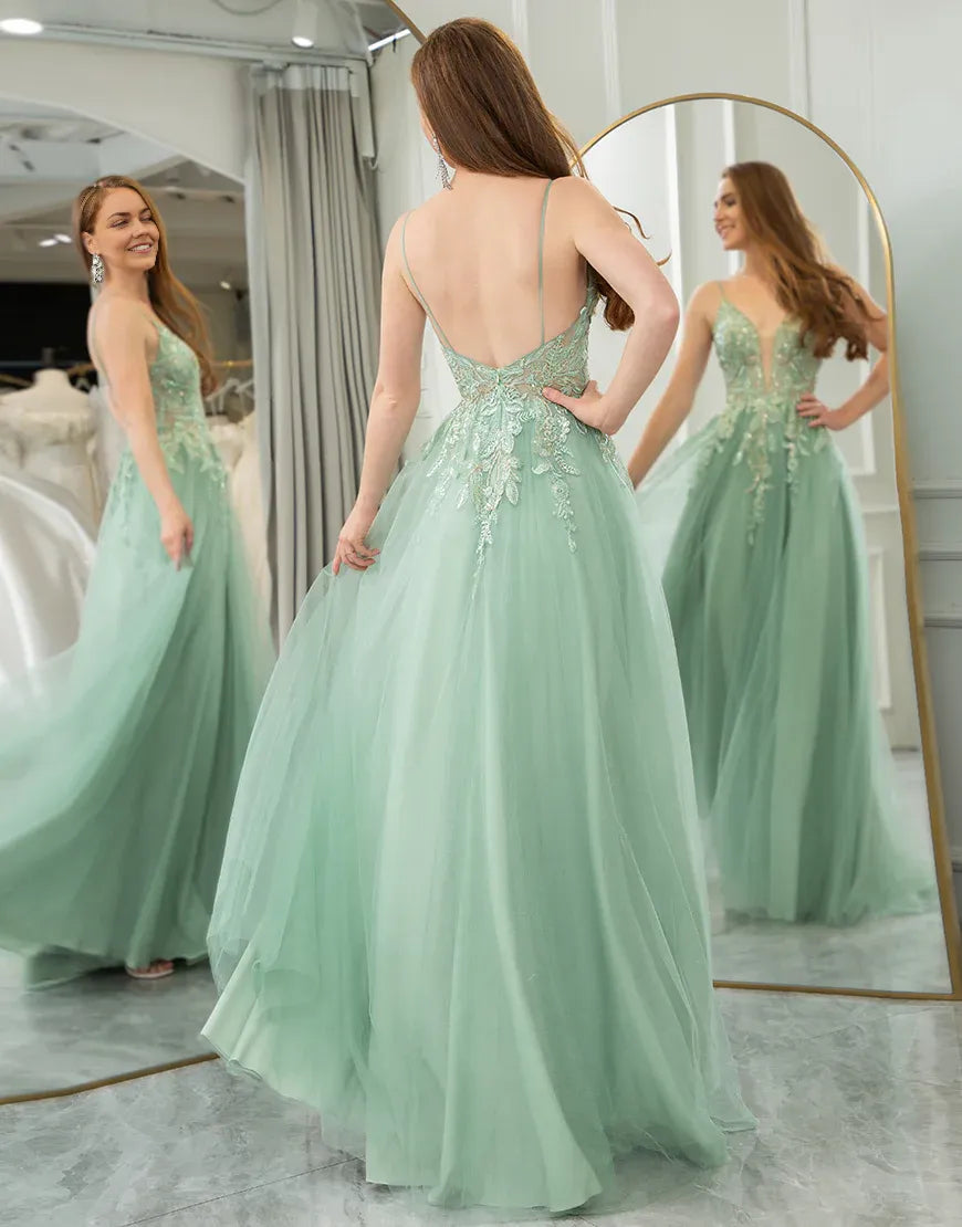 A Line Spaghetti Straps Tulle Long Prom Dress With Appliques