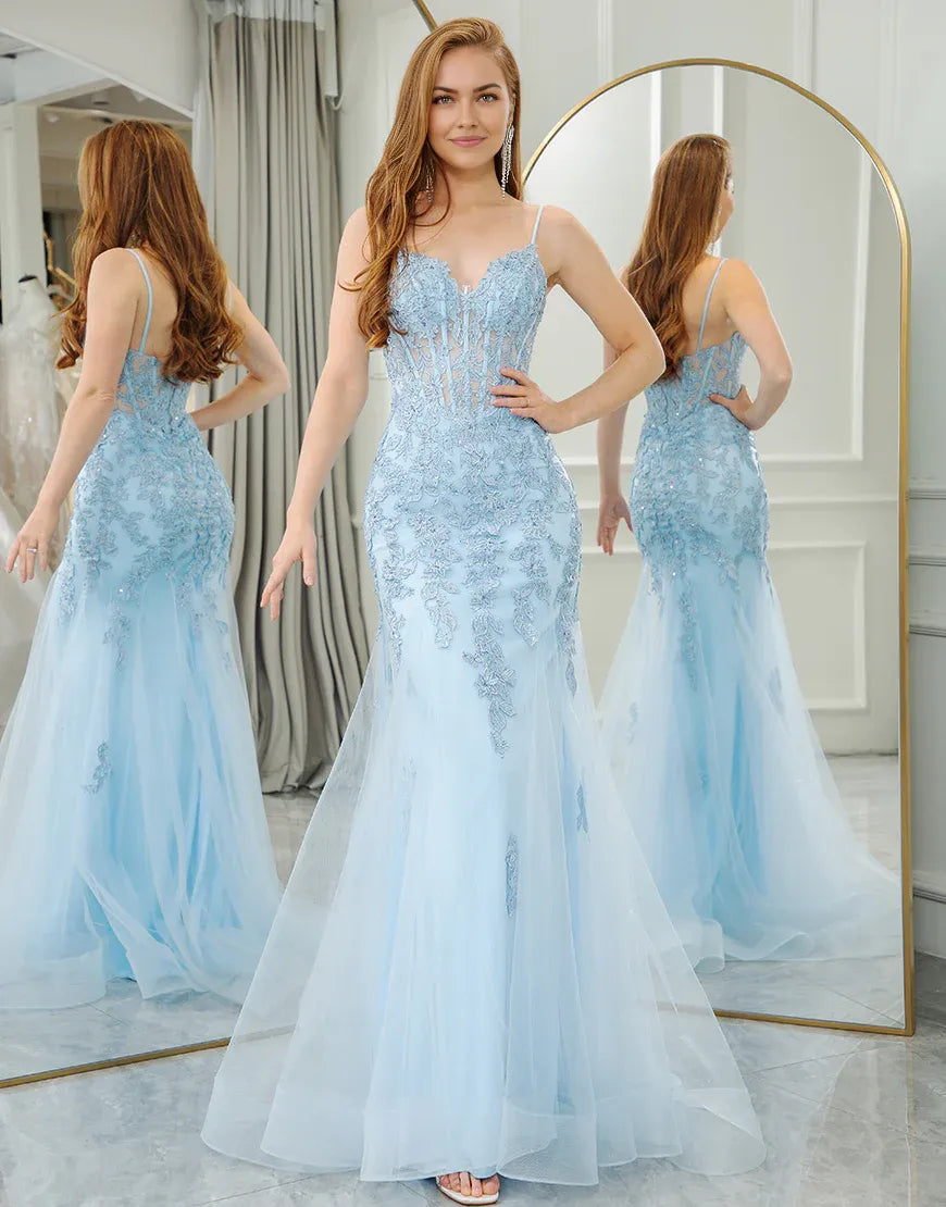 A Line Light Blue Mermaid Backless Long Prom Dress With Slit