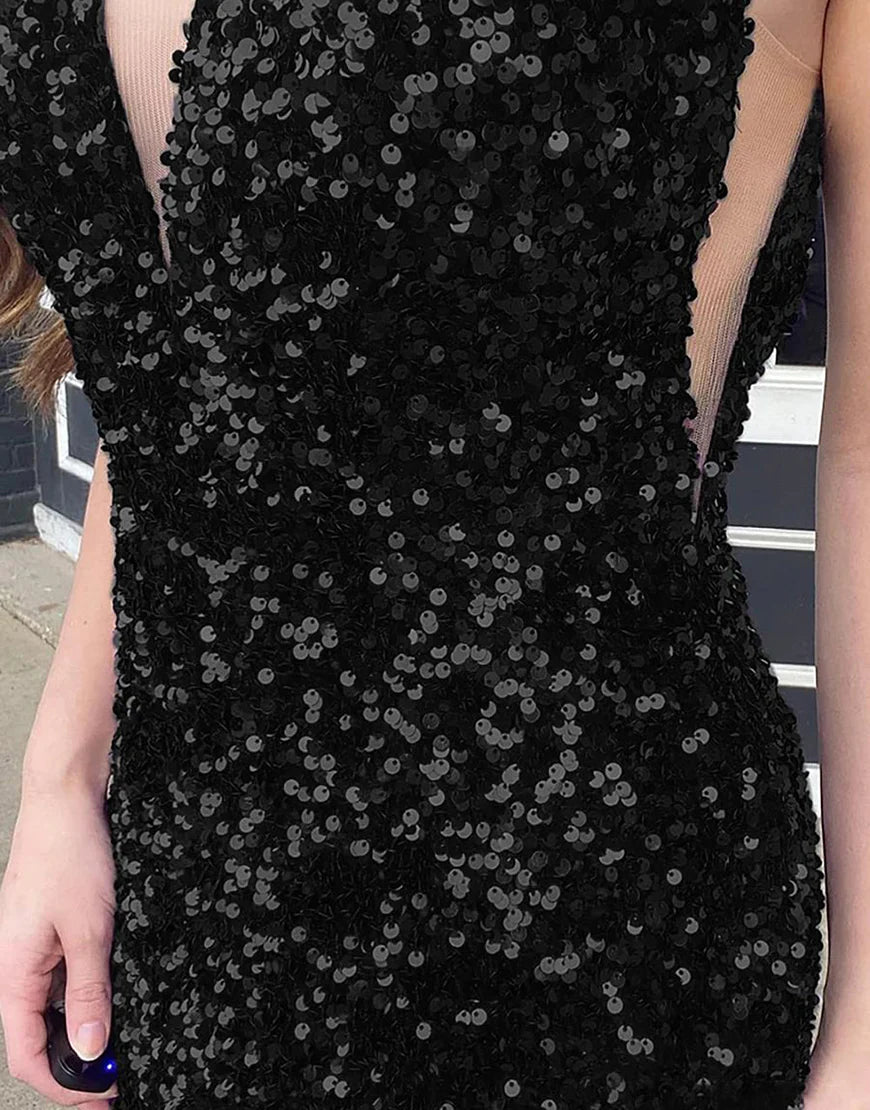 Sheath/Mermaid Low V Neck Long Prom Dress With Sparkly Sequins