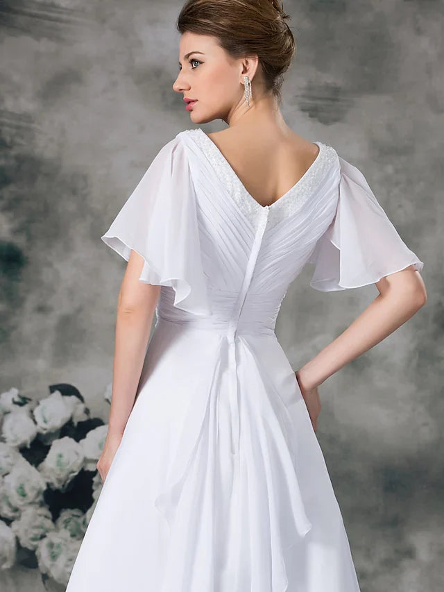 A-Line Wedding Dresses V Neck Chapel Train Chiffon Satin Short Sleeve with Ruched Beading
