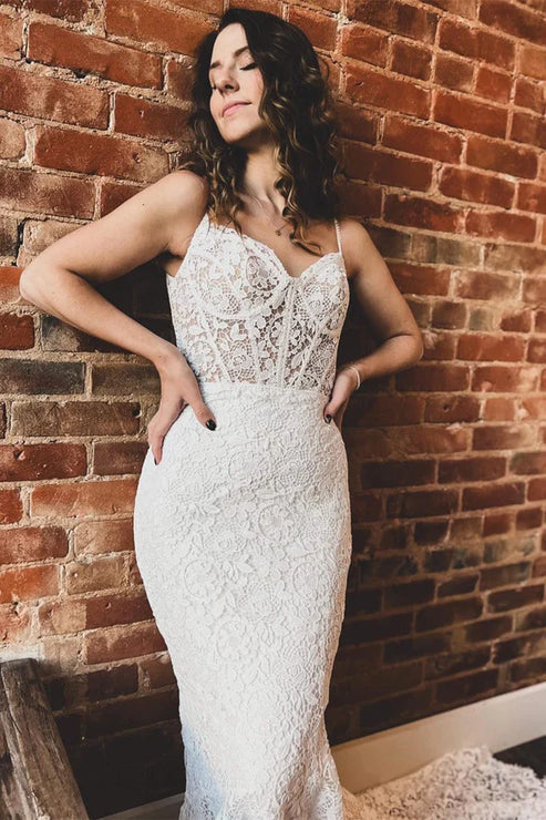 White Lace Sweetheart Sleeveless Mermaid Long Wedding Dress Elegant