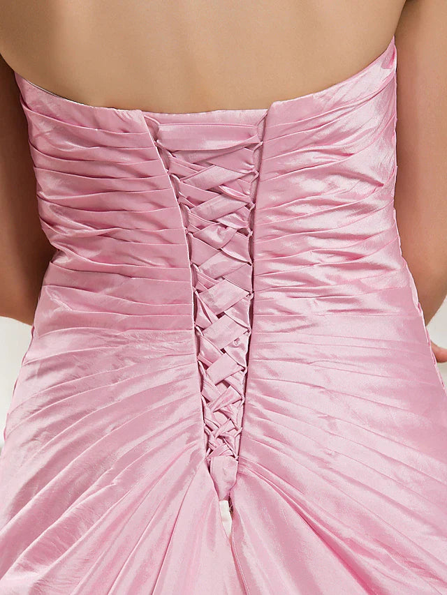 Ball Gown Wedding Dresses Strapless Chapel Train Organza Taffeta Strapless Wedding Dress in Color with Ruched Beading Appliques