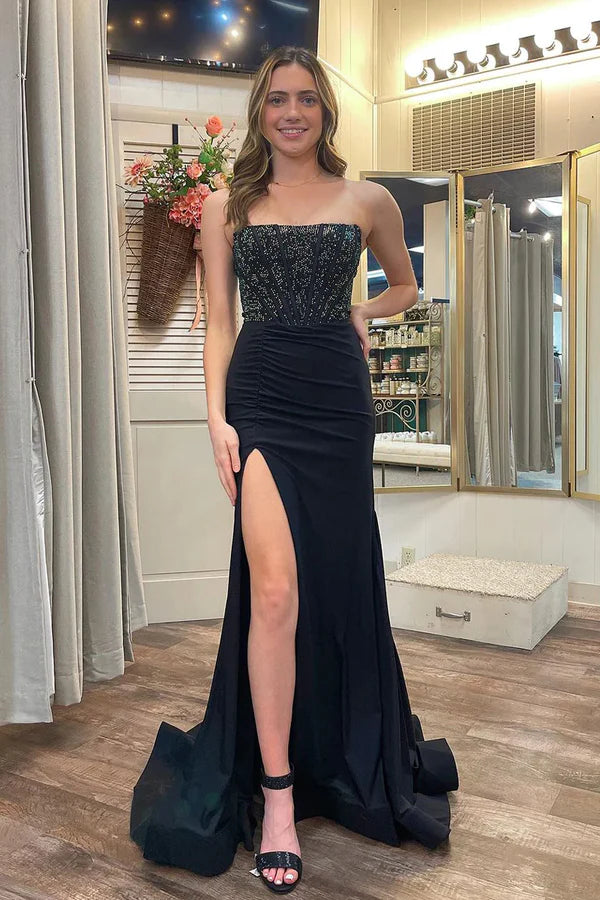 Black Strapless Beaded Mermaid Long Prom Dresses with Slit Off Shoulder Sparkly Evening Dress