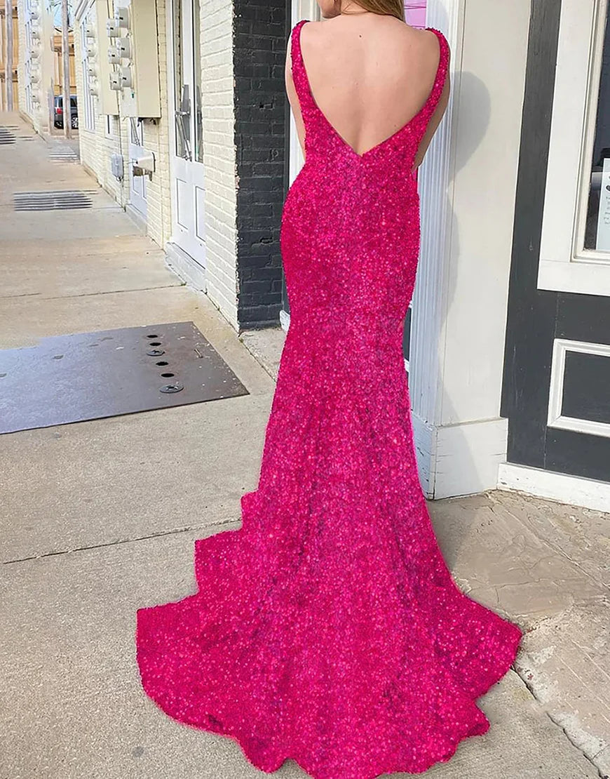 Sheath/Mermaid Low V Neck Long Prom Dress With Sparkly Sequins