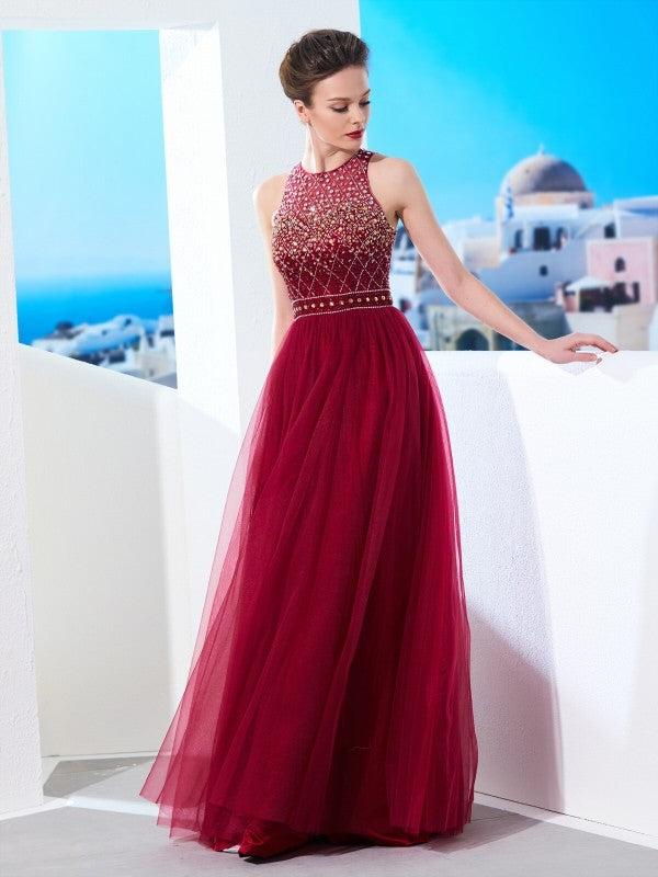 A-Line/Princess Scoop Sleeveless Floor-Length Beading Tulle Dresses