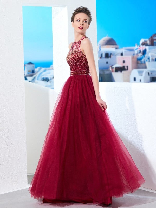 A-Line/Princess Scoop Sleeveless Floor-Length Beading Tulle Dresses