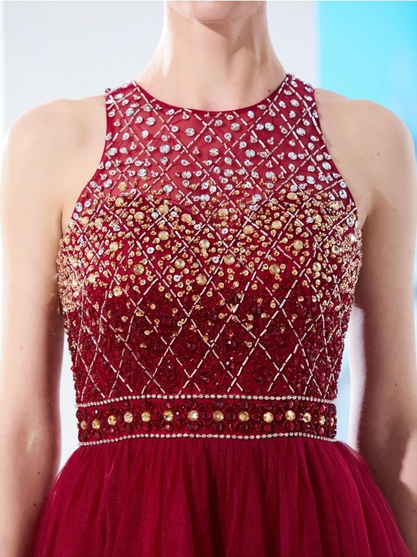 A-Line/Princess Scoop Sleeveless Floor-Length Beading Tulle Dresses