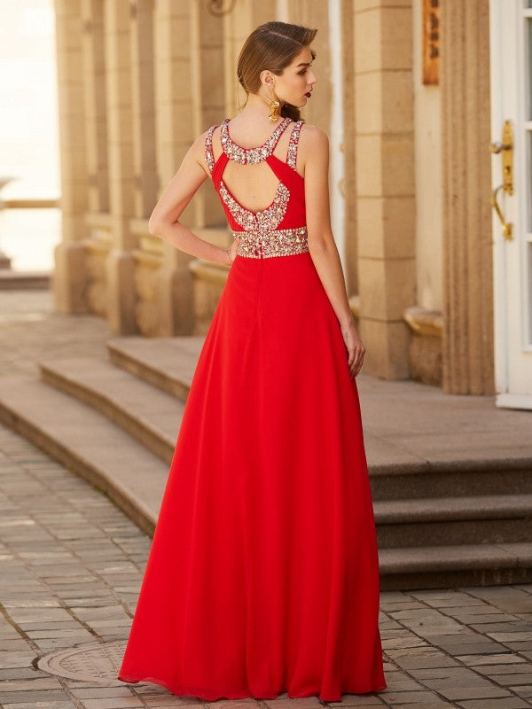 A-line/Princess Scoop Beading Sleeveless Floor-length Chiffon Party Dresses Formal Dresses