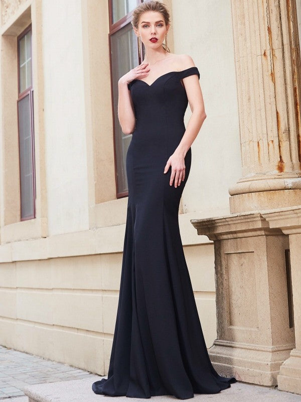 Trumpet/Mermaid Off-the-Shoulder Sleeveless Sweep/Brush Train Ruffles Japanese Satin Dresses