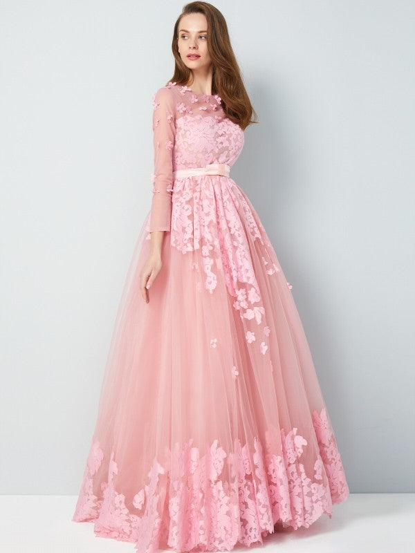 A-Line/Princess Scoop 3/4 Sleeves Floor-Length Applique Tulle Dresses