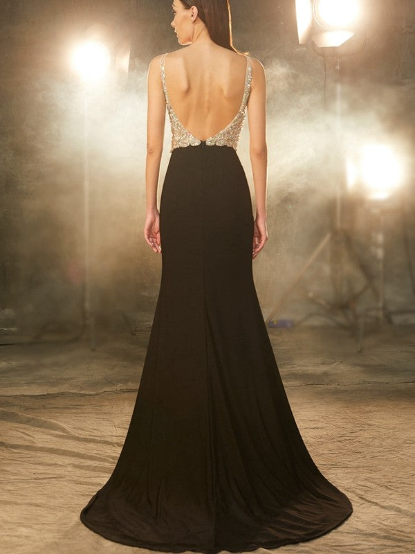 Sheath/Column V-neck Beading Sleeveless Sweep/Brush Train Spandex Dresses