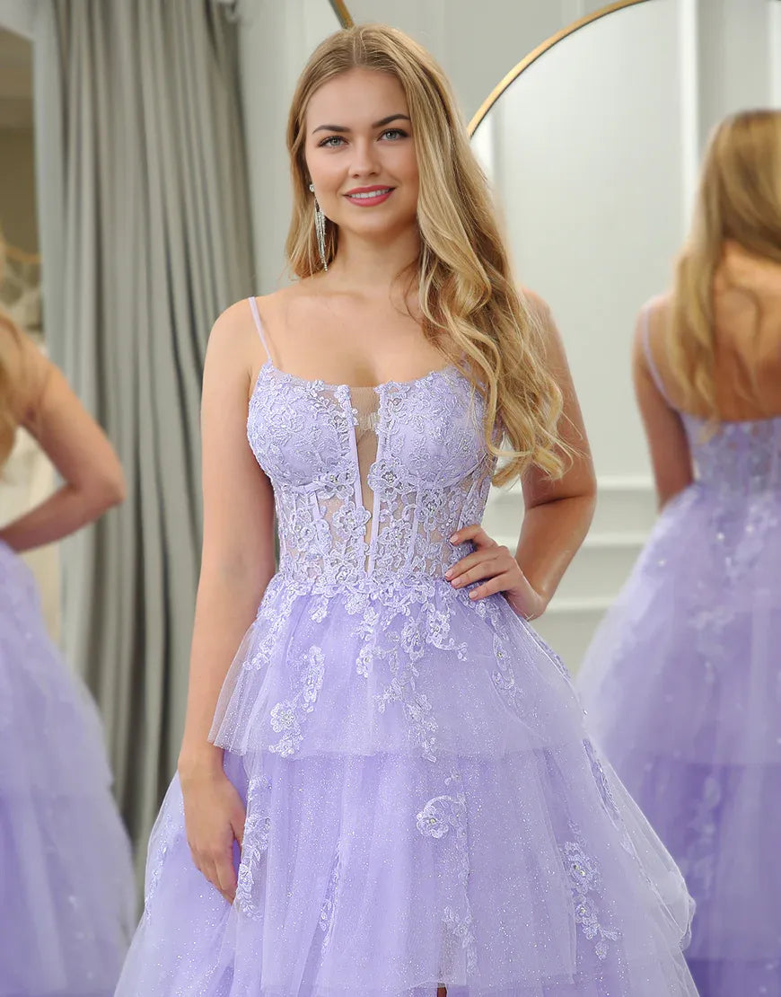 A Line Spaghetti Straps Tulle Layers Long Appliques Prom Dress With Slit