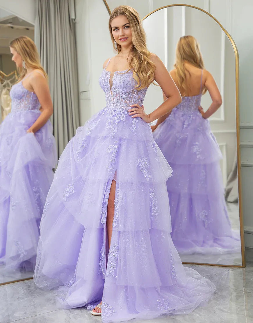 A Line Spaghetti Straps Tulle Layers Long Appliques Prom Dress With Slit