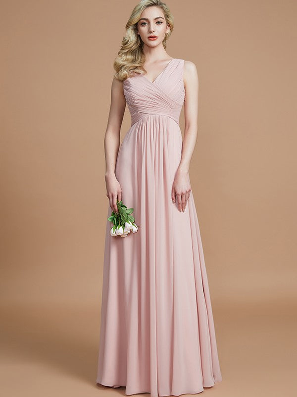 A-Line/Princess V-neck Sleeveless Ruched Floor-Length Chiffon Bridesmaid Dresses