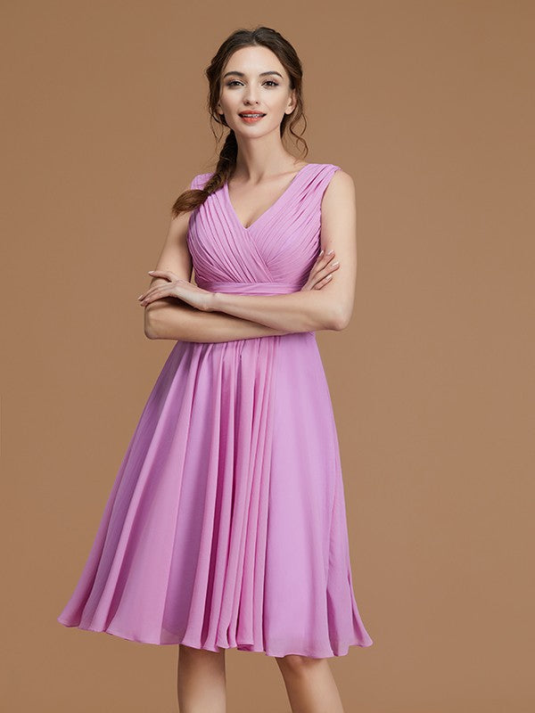 A-Line/Princess V-neck Sleeveless Short/Mini Ruched Chiffon Bridesmaid Dresses