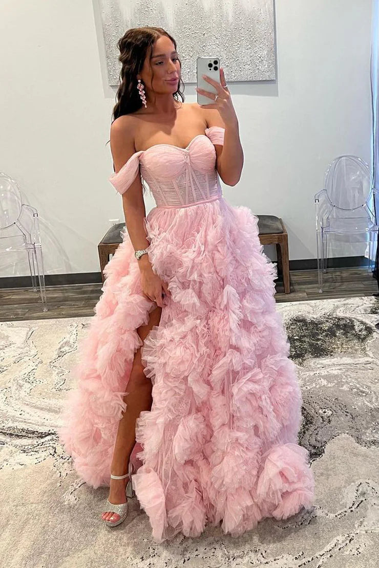 Ball Gown Princess Off the Shoulder Pink Tulle Prom Dresses with Slit