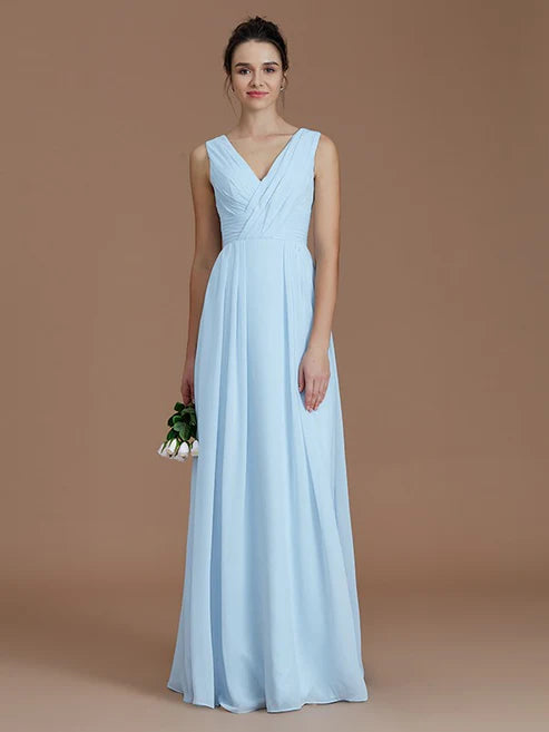 A-Line/Princess V-neck Sleeveless Ruched Floor-Length Chiffon Bridesmaid Dresses Party Dresses Wedding Guest Dresses