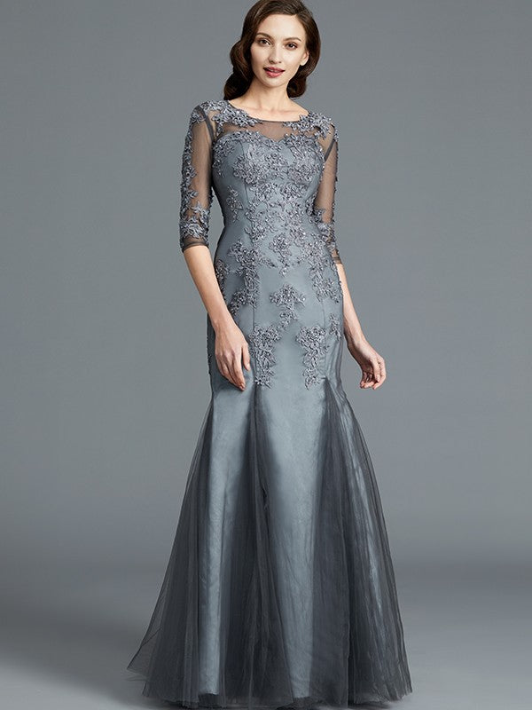 A Line Sheath/Column Scoop Applique 1/2 Sleeves Tulle Floor-Length Mother of the Bride Dresses