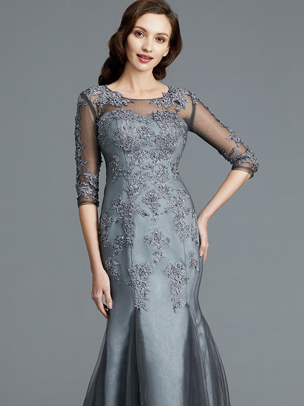 A Line Sheath/Column Scoop Applique 1/2 Sleeves Tulle Floor-Length Mother of the Bride Dresses