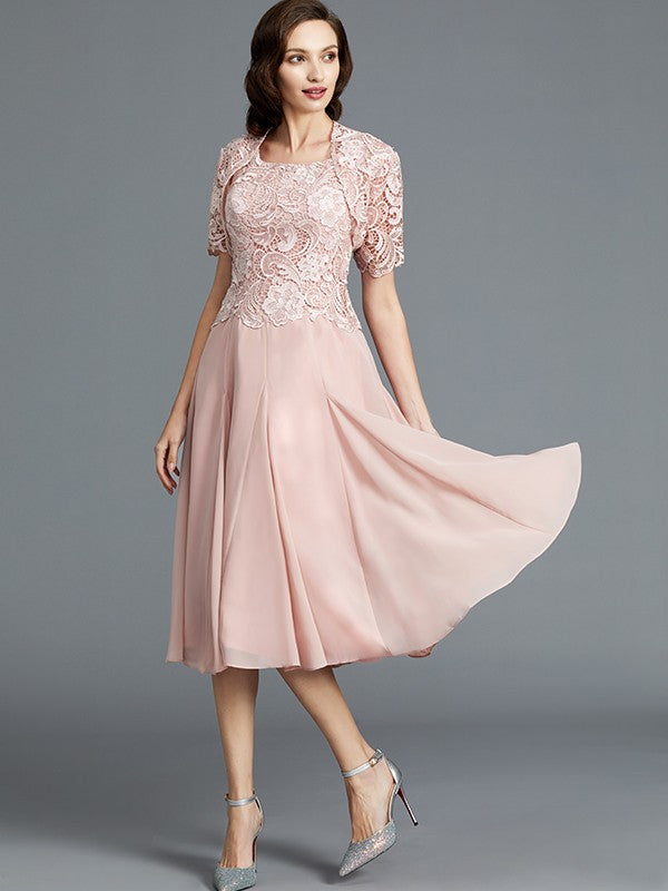 A-Line Sleeveless Scoop Tea-Length Chiffon Mother of the Bride Dresses